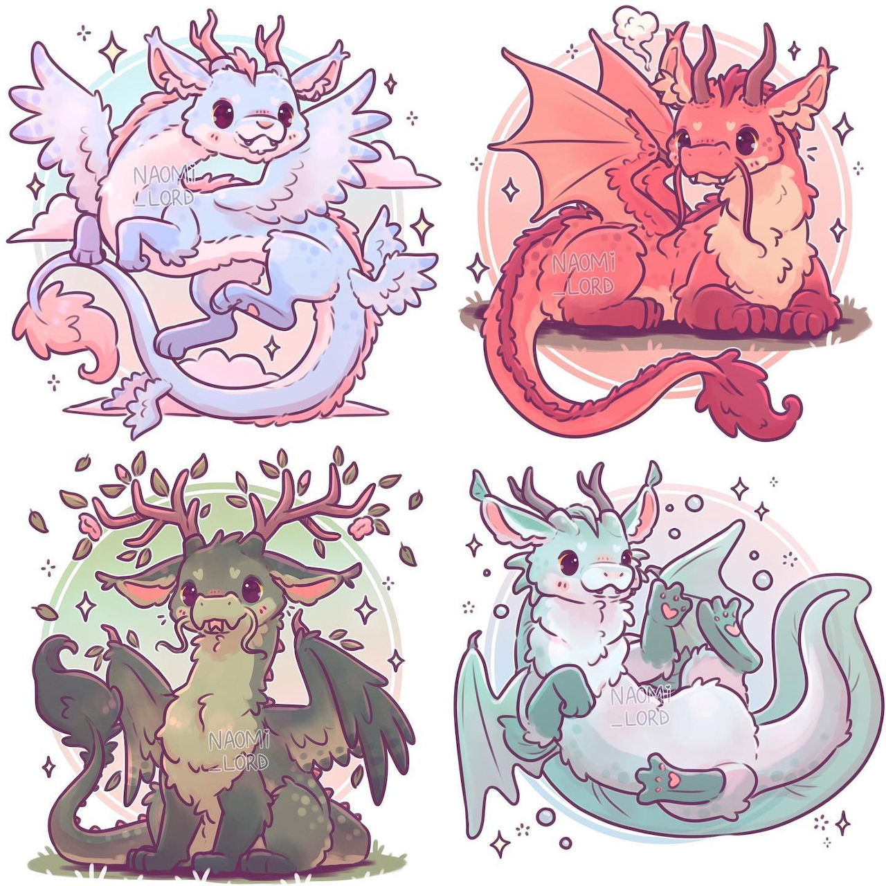 Four Colorful Axolotl Dragons
