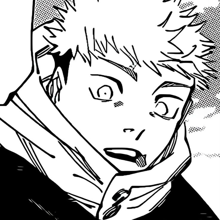 Black-and-white manga close-up of Itadori with spiky hair and a surprised expression