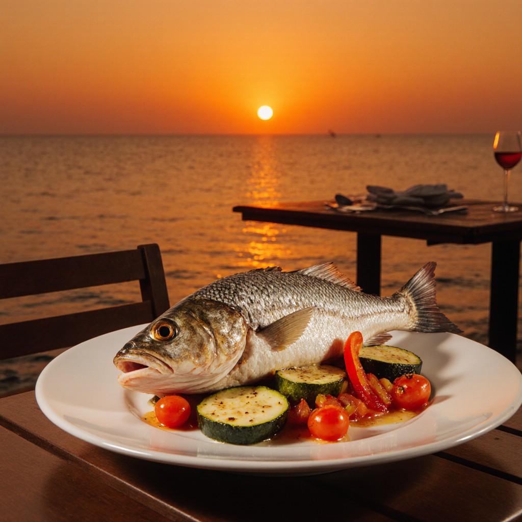 Whole cooked fish on a plate with vegetables and tomatoes on a seaside table at sunset