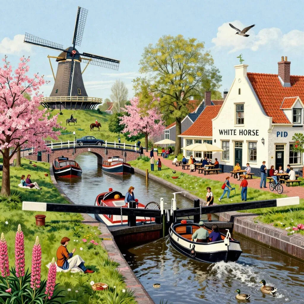 Traditional Dutch village with windmill, canal boats, bridge, white houses with orange roofs, and pink blossoms