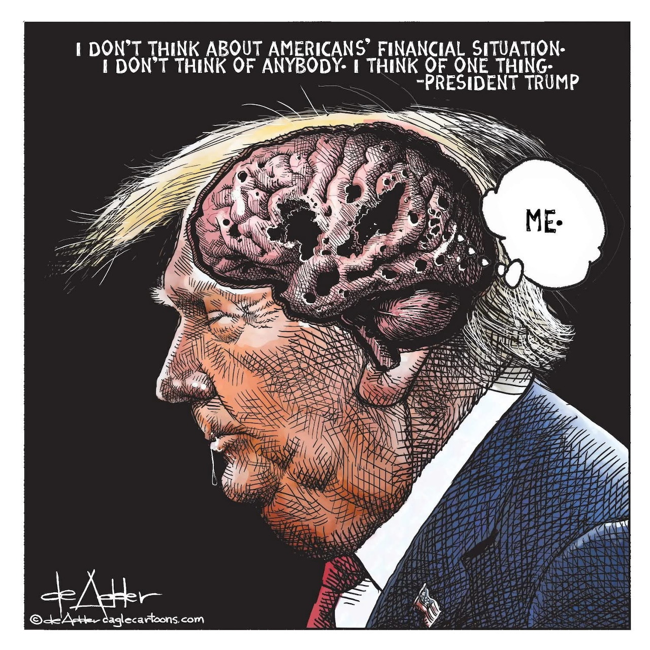 Political cartoon of man in suit with exposed brain, speech bubble saying 'ME'