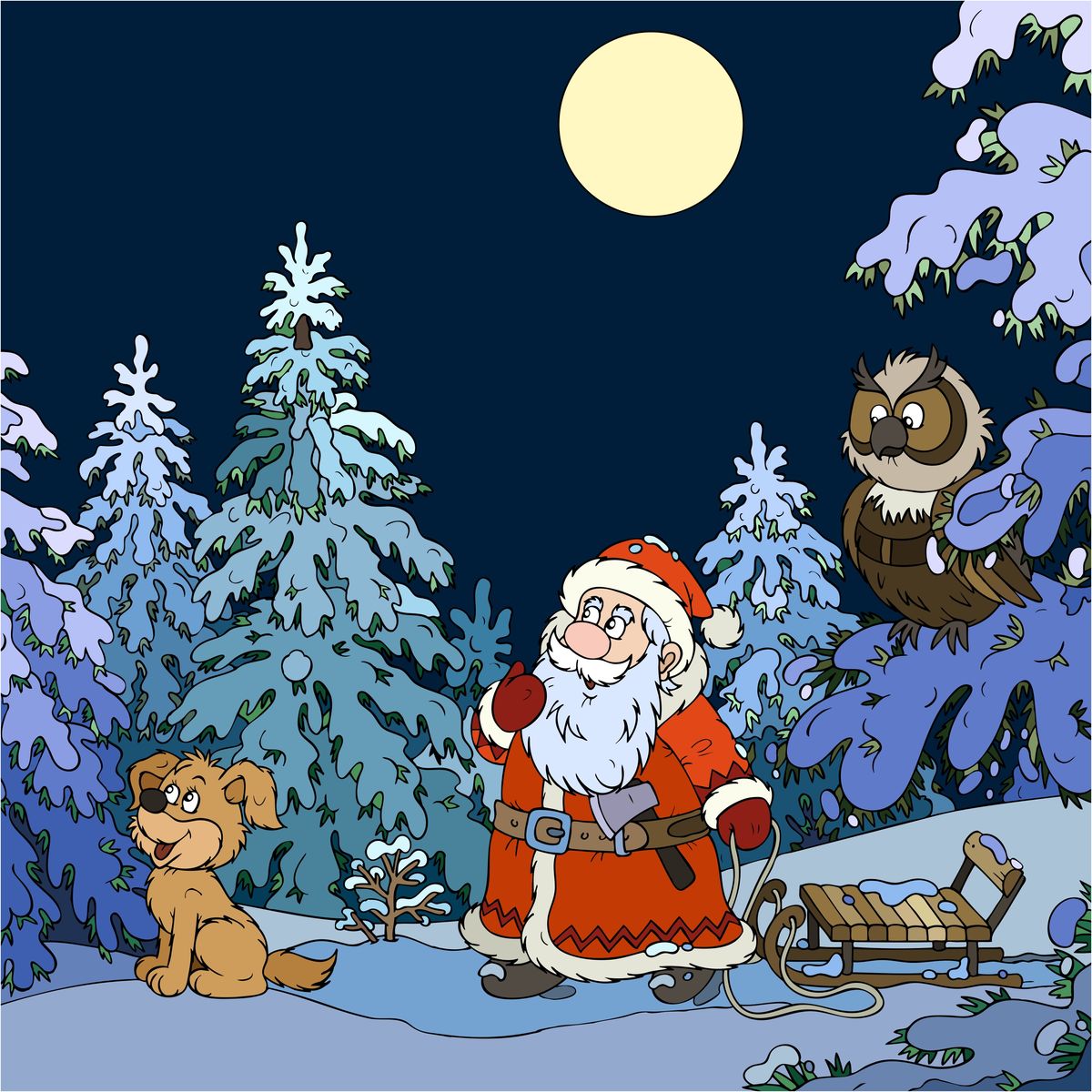 Cartoon Santa in a snowy forest at night with a lion cub, owl, sled, and full moon