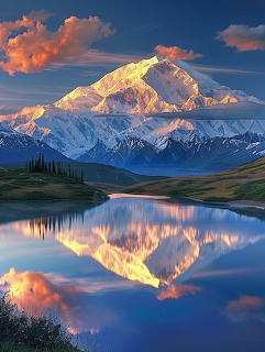 Snowy Denali peak glowing at sunset reflected in a still mountain lake
