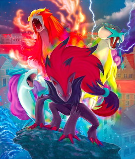 Zoroark standing with three legendary beast Pokémon amid lightning and flames