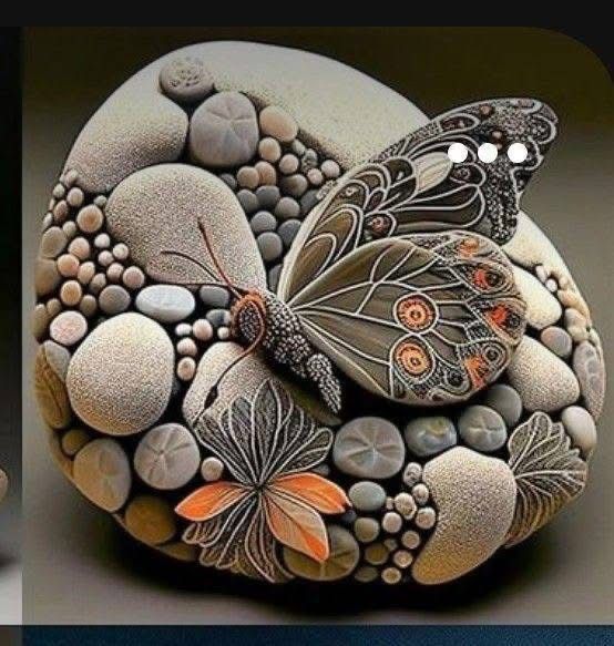 Stylized butterfly painted on a smooth rock with pebble patterns in beige, gray, and orange