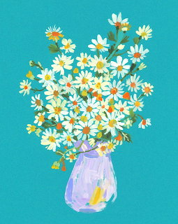 White daisies in a purple vase on a turquoise background