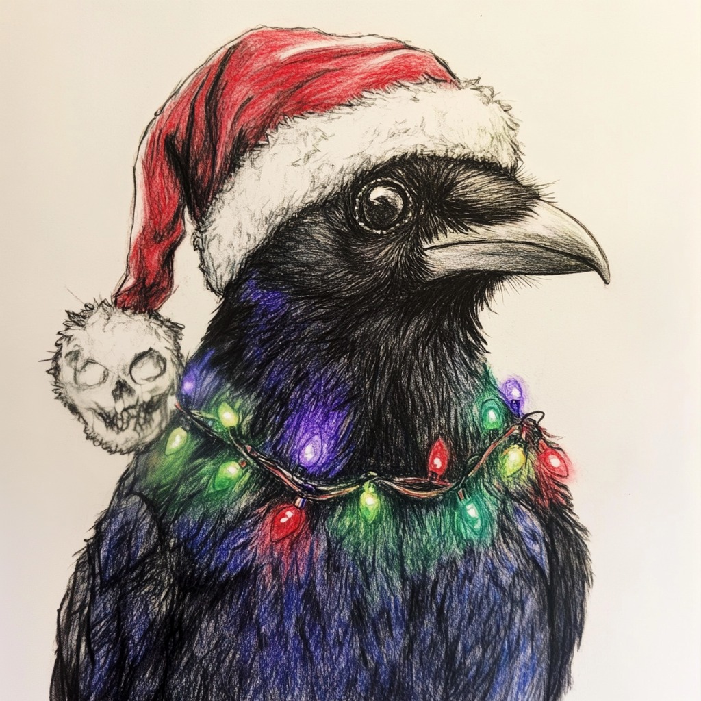Detailed illustration of a black crow wearing a Santa hat and Christmas lights