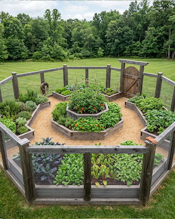 Fenced raised-bed kitchen garden with vegetables, gravel paths, and a wooden gate surrounded by trees.