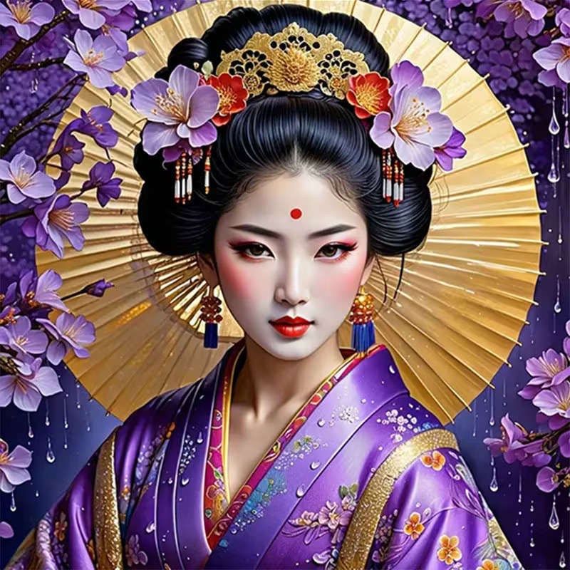 Portrait of geisha in purple kimono with golden fan and floral hair ornaments