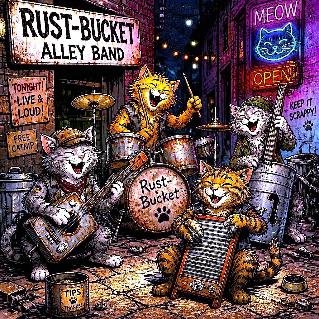 Three cartoon cats play drums, guitar, and washboard in a colorful alley band scene.