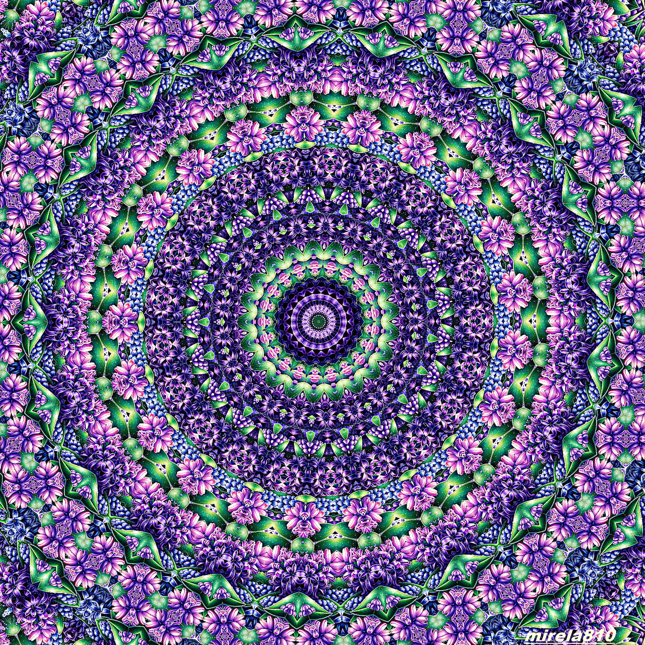 Circular mandala with purple, pink and green floral patterns in concentric rings