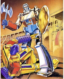 Megatron Transformers robot with silver armor, golden shield and weapon in yellow industrial facility