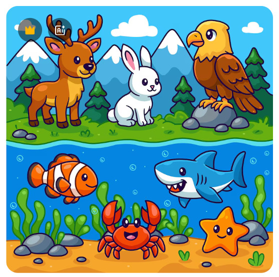 Colorful cartoon scene with land and sea animals, including a deer, rabbit, eagle, fish, shark, crab, and starfish