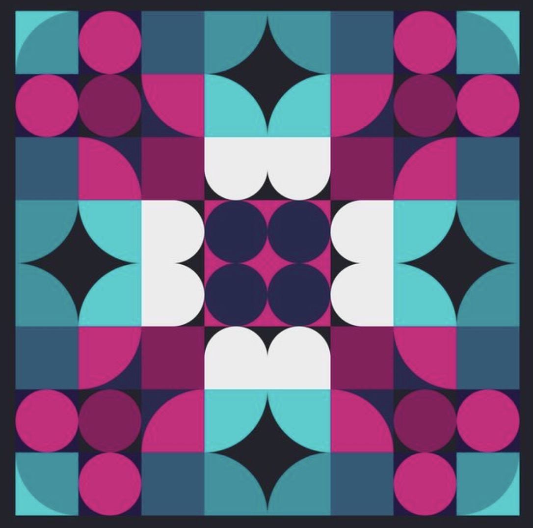 Symmetrical geometric pattern with circles and diamonds in turquoise, pink, and purple tones