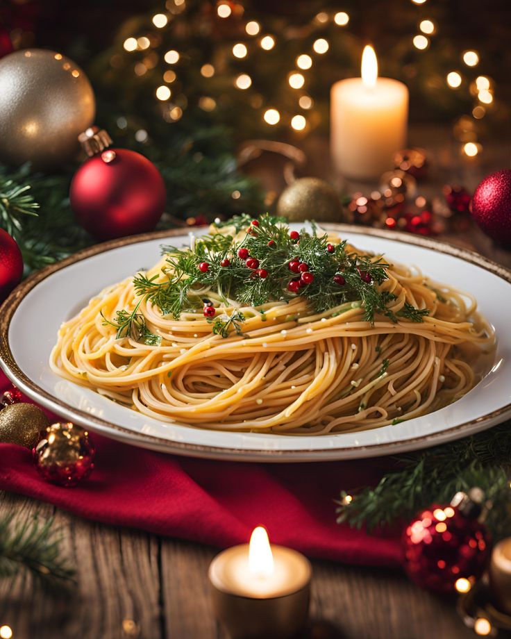 Plate of spaghetti with herb garnish on a festive Christmas table with candles and red ornaments