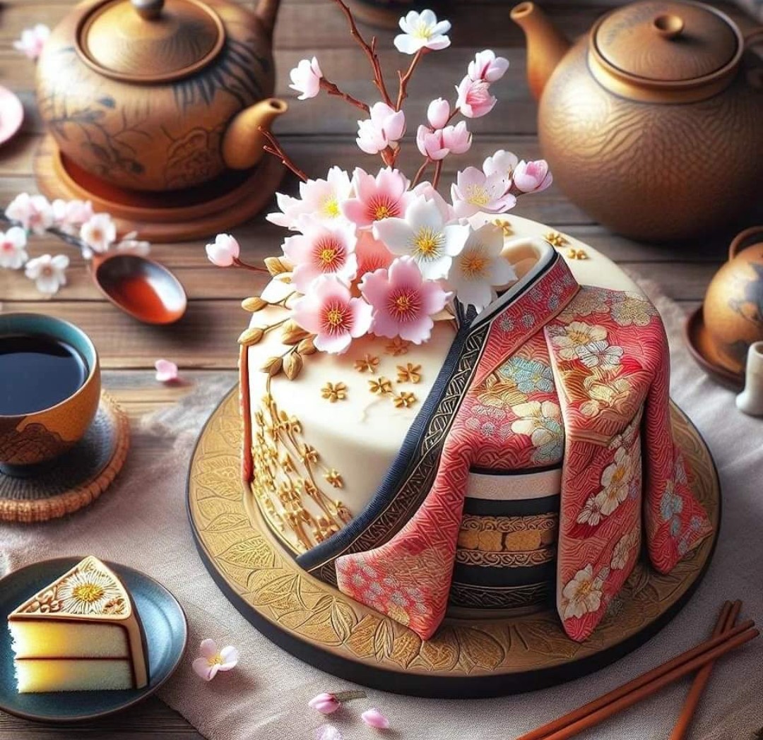 Decorated floral cake with cherry blossoms, teapots, tea cups, and chopsticks on a table