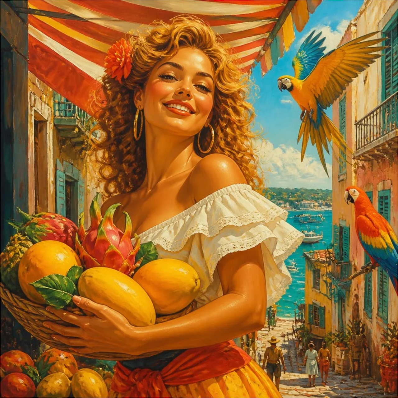 Woman holding tropical fruits in Mediterranean village with parrots flying overhead