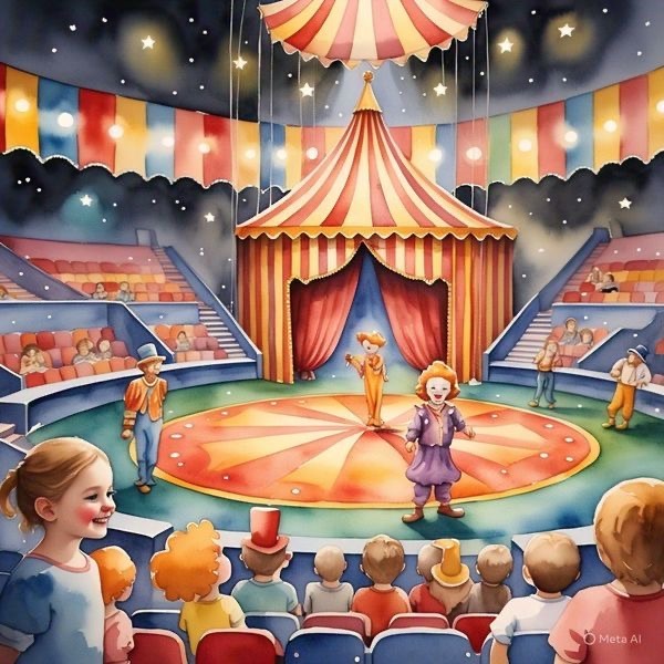Circus performers entertaining audience under striped big top tent with colorful decorations and stadium seating