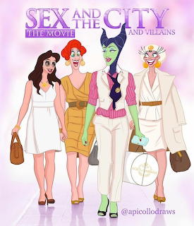 Illustration of four Disney villains dressed as Sex and the City characters in modern outfits