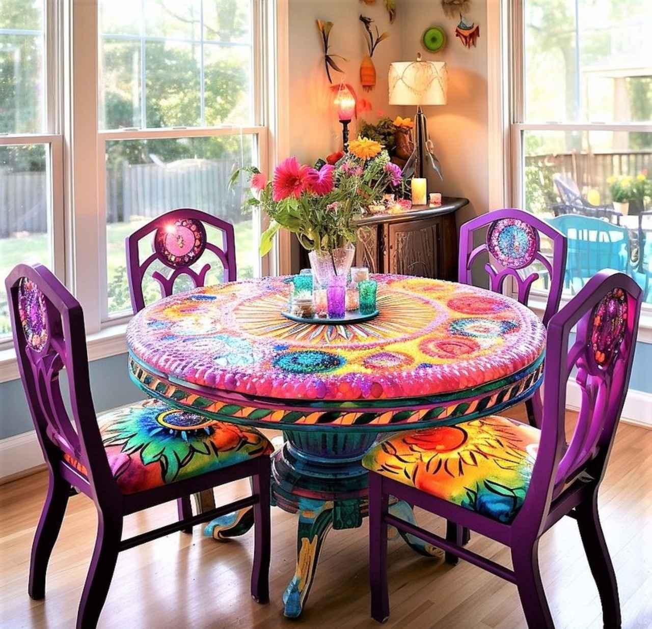 Vibrant boho dining table with colorful floral design surrounded by purple chairs in sunny room