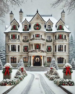 Snow-covered Victorian mansion with Christmas wreaths, red bows, and decorated evergreen trees