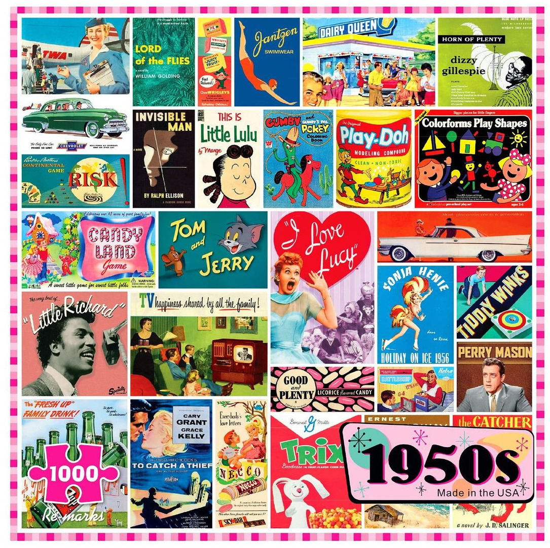 Colorful collage of 1950s pop culture memorabilia including toys, TV shows, cars, and advertisements
