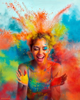 Happy woman covered in bright colored powder with explosion of orange, blue, and yellow dust around her
