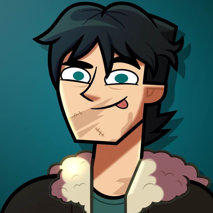 Cartoon portrait of a smiling character with black hair and green eyes wearing a purple jacket
