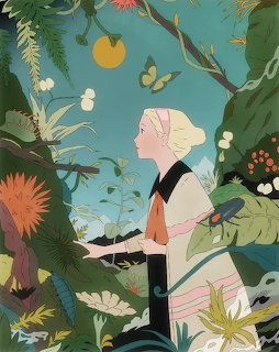 Side profile illustration of woman with blonde hair in tropical garden with flowers, leaves, and butterflies on teal background