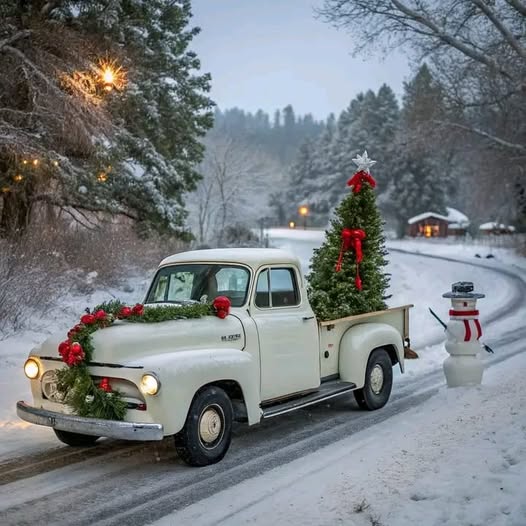 Christmas White Truck Snowman Scene