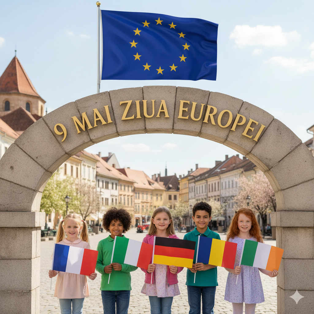 Children holding European flags under a stone arch with the EU flag above in a town square