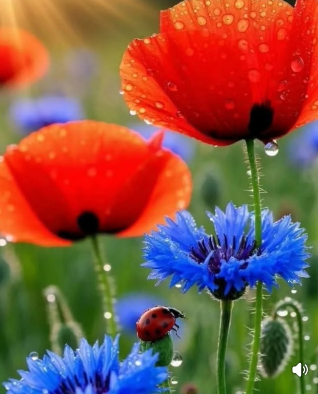 Red poppies and blue cornflowers with water droplets and a ladybug in a green meadow