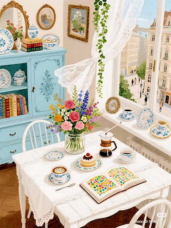 Sunny dining room with white table, flowers, pastries, turquoise cabinet, and window view of Paris buildings