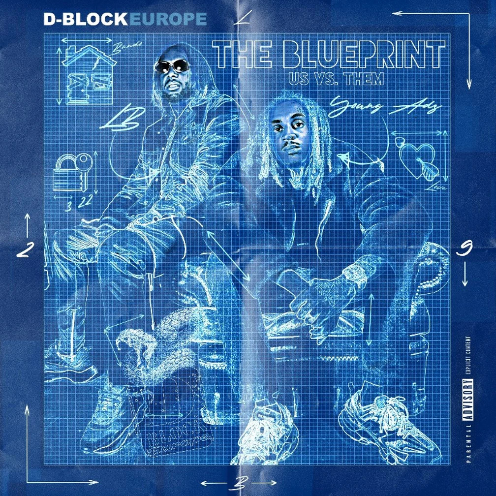 Blue blueprint-style artwork of two seated figures with sketch lines and text