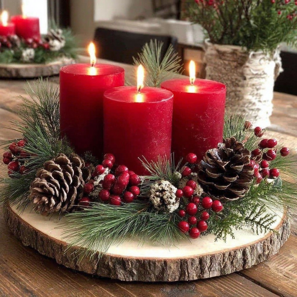 Four lit red candles on wood base with pine cones, evergreen sprigs, and red berries