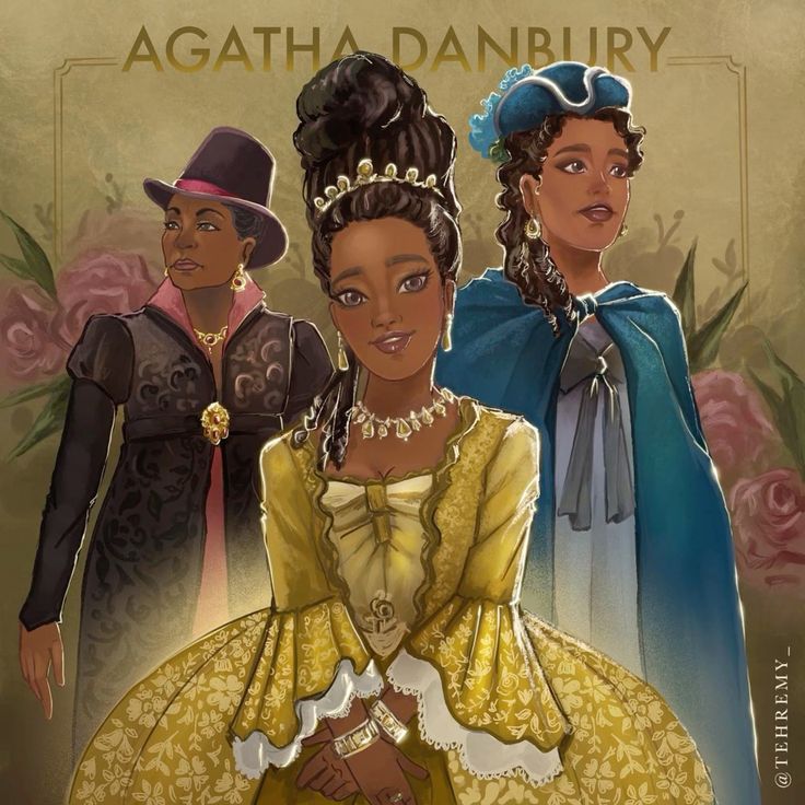 Portrait illustration of woman in yellow gown with crown and jewelry, with two figures in background