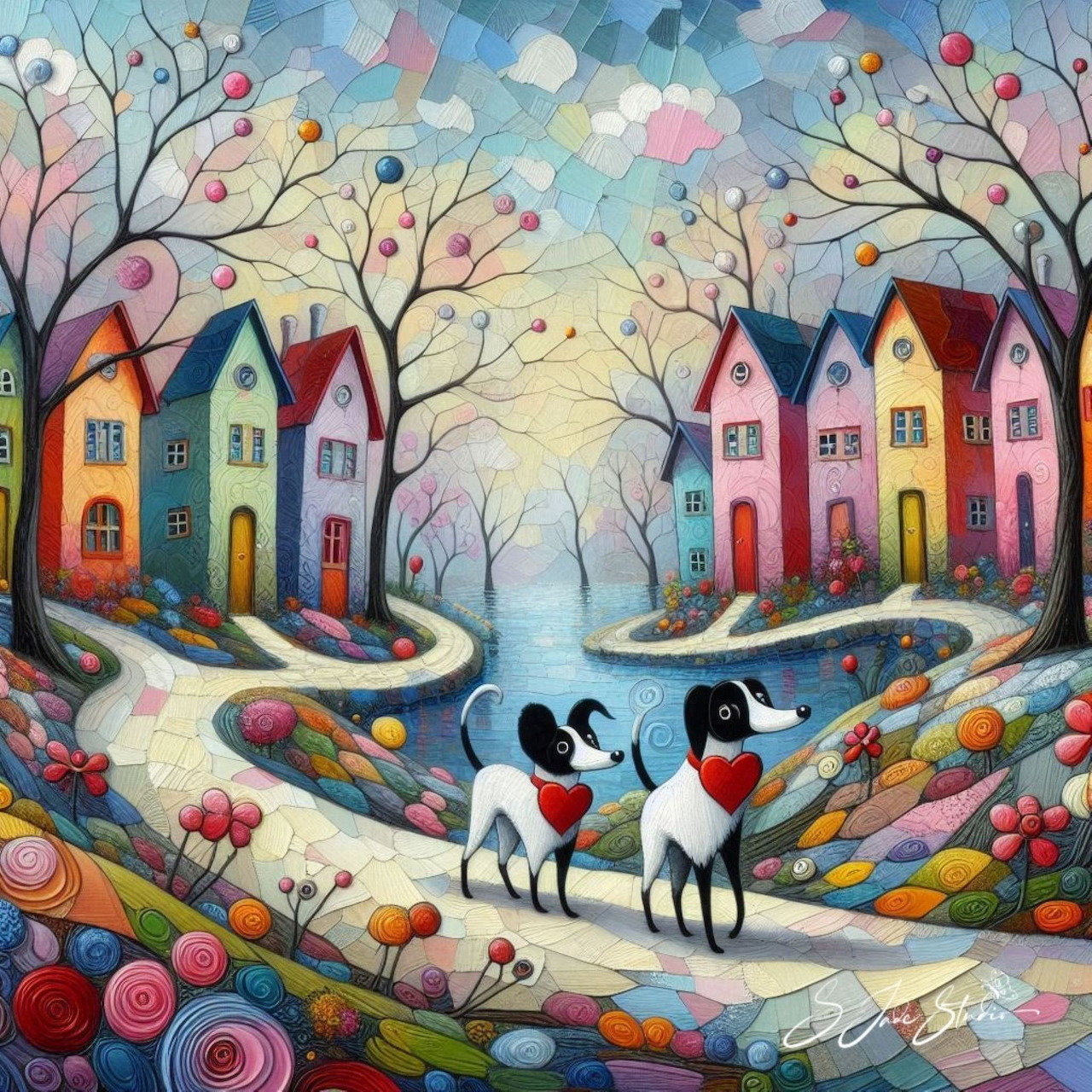 Two dogs walking on colorful swirling path between whimsical houses and bare trees in artistic painting style