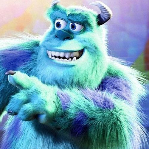 Blue furry monster Sulley from Monsters University with horns and big smile
