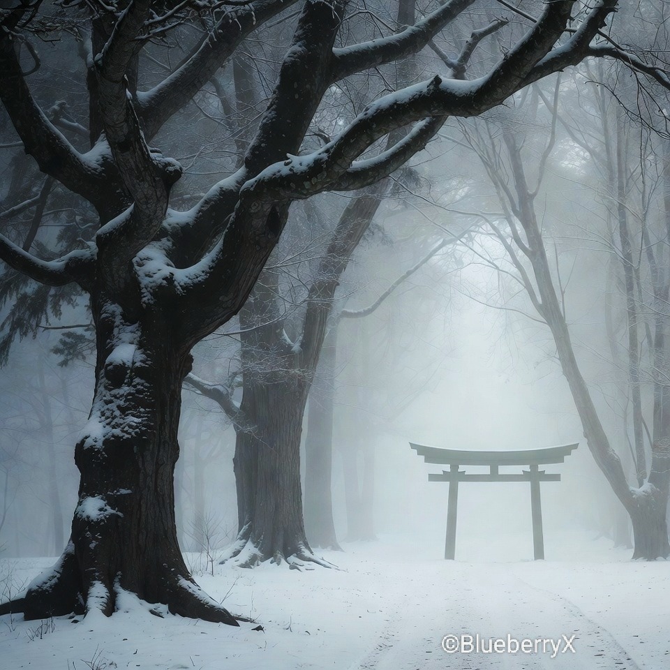 Snowy foggy forest with bare trees and a small torii gate in the distance