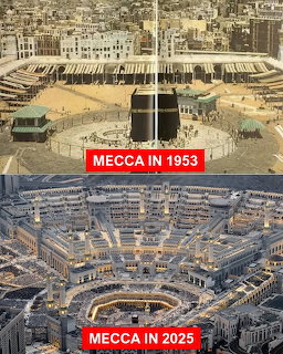 Split image comparing Mecca in 1953 and 2025 around the Kaaba and Grand Mosque