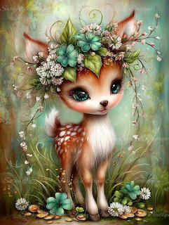 Cute illustrated fawn with a flower crown standing among meadow flowers
