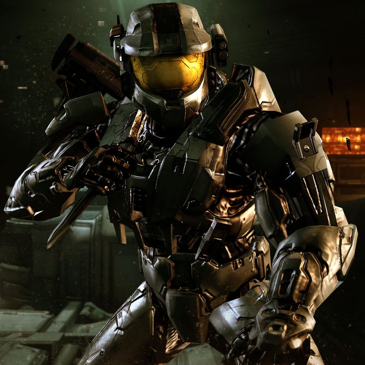 Sci-fi armored soldier with a gold visor in a dark futuristic setting