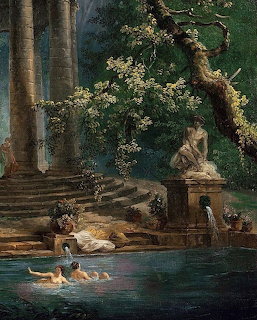 Classical painting of figures bathing in a pool among ancient stone ruins, columns, and flowering trees.
