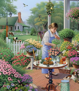 Woman arranging flowers at garden market with cottage and colorful blooms