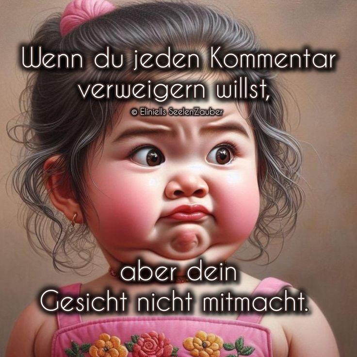 Stylized toddler girl with a pouty face in a pink dress, with German text overlay