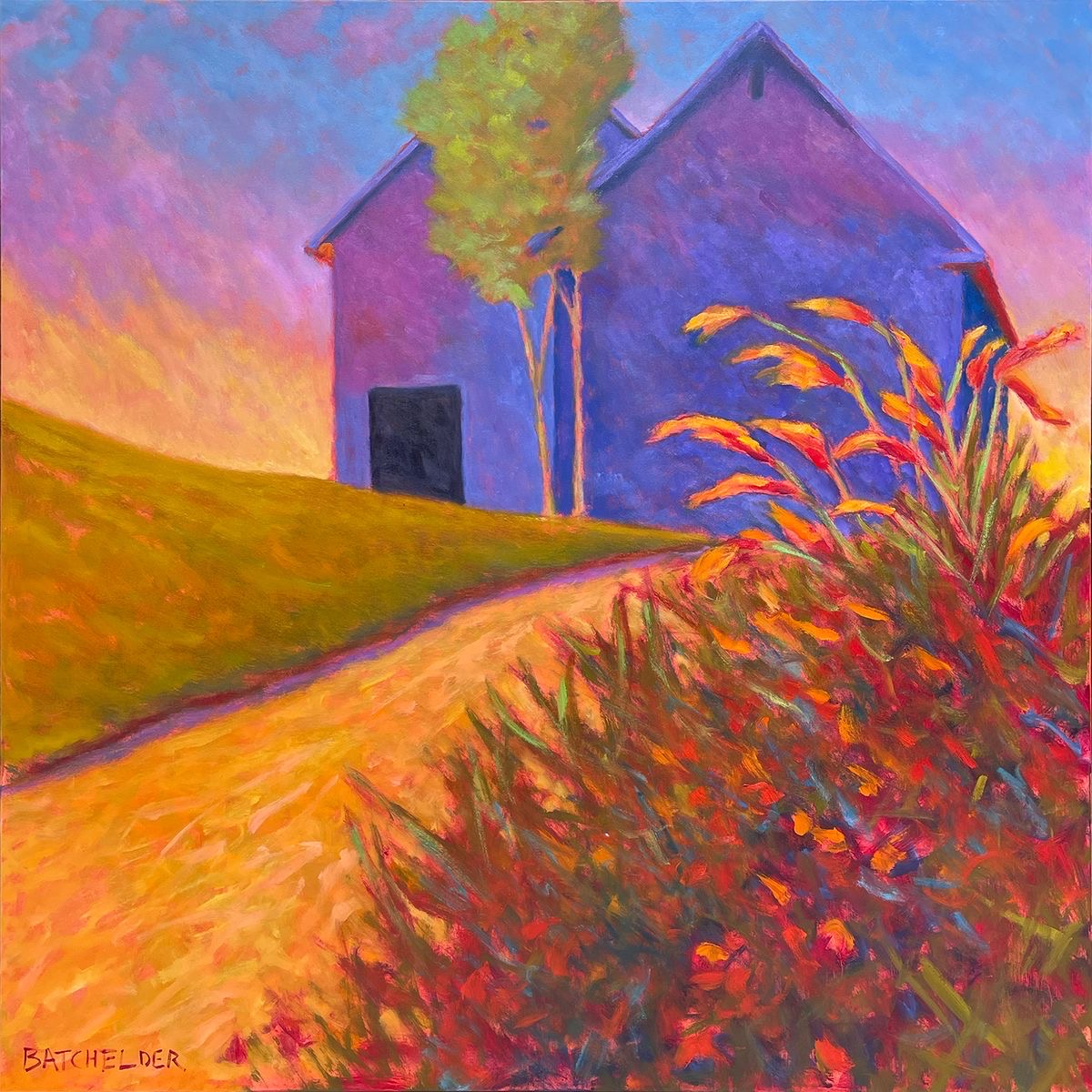 Colorful painting of a blue house by a winding path with tall grasses and a tree