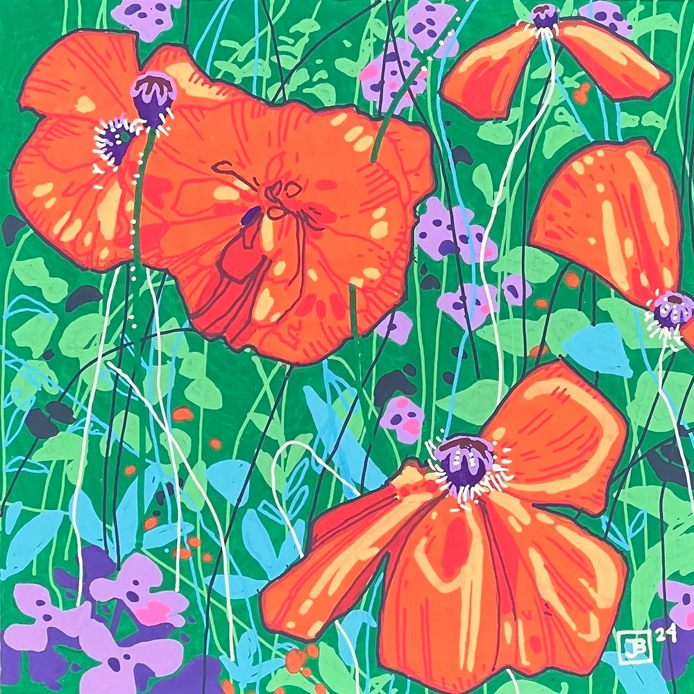 Colorful painting of large orange poppies with purple flowers on green background