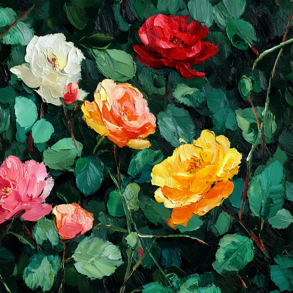 Painting of colorful roses with dark green leaves