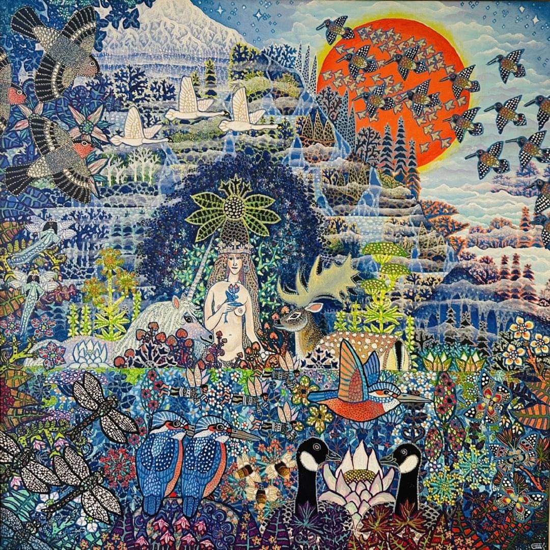 Detailed folk art garden illustration with ornate patterns, figures, animals and orange sun in blue decorative landscape