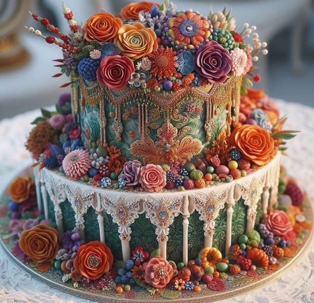 Two-tier cake adorned with colorful sugar flowers, berries, pine cones, and gold drips